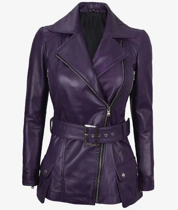 Women's Designer Look Belted Moto Biker Real Lambskin Leather Jacket