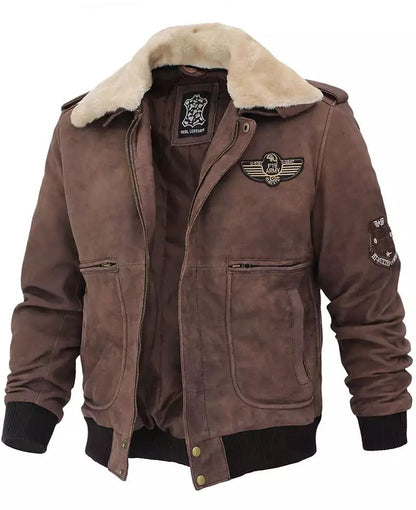 G1 Brown Leather Bomber Aviator Jacket with Shearling Collar For Men