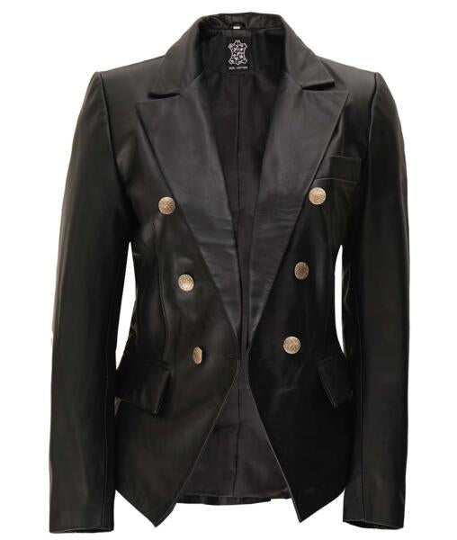 Kim Double Breasted Black Leather Blazer Women