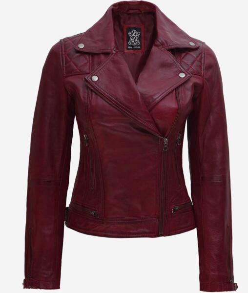 Kimberley Maroon Leather Moto Jacket