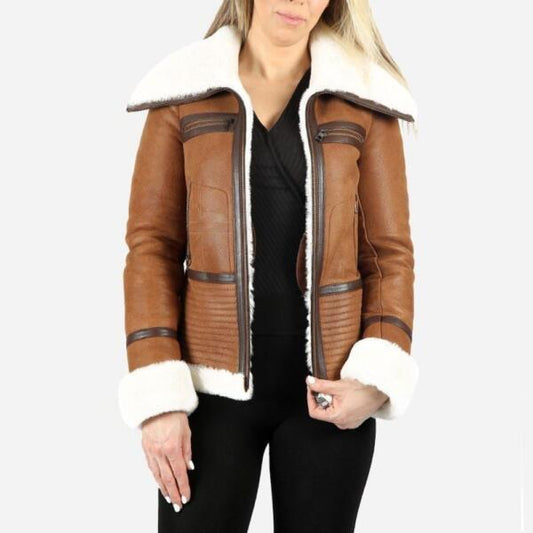 Ladies Sheepskin Real Shearling Tan Whiskey Beige Fur Jacket