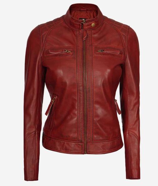 Maroon Womens Real Lambskin Leather Motorcycle Jacket