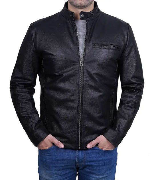 Men's Biker Moto Cafe Racer Real Cowhide Black Leather Jacket