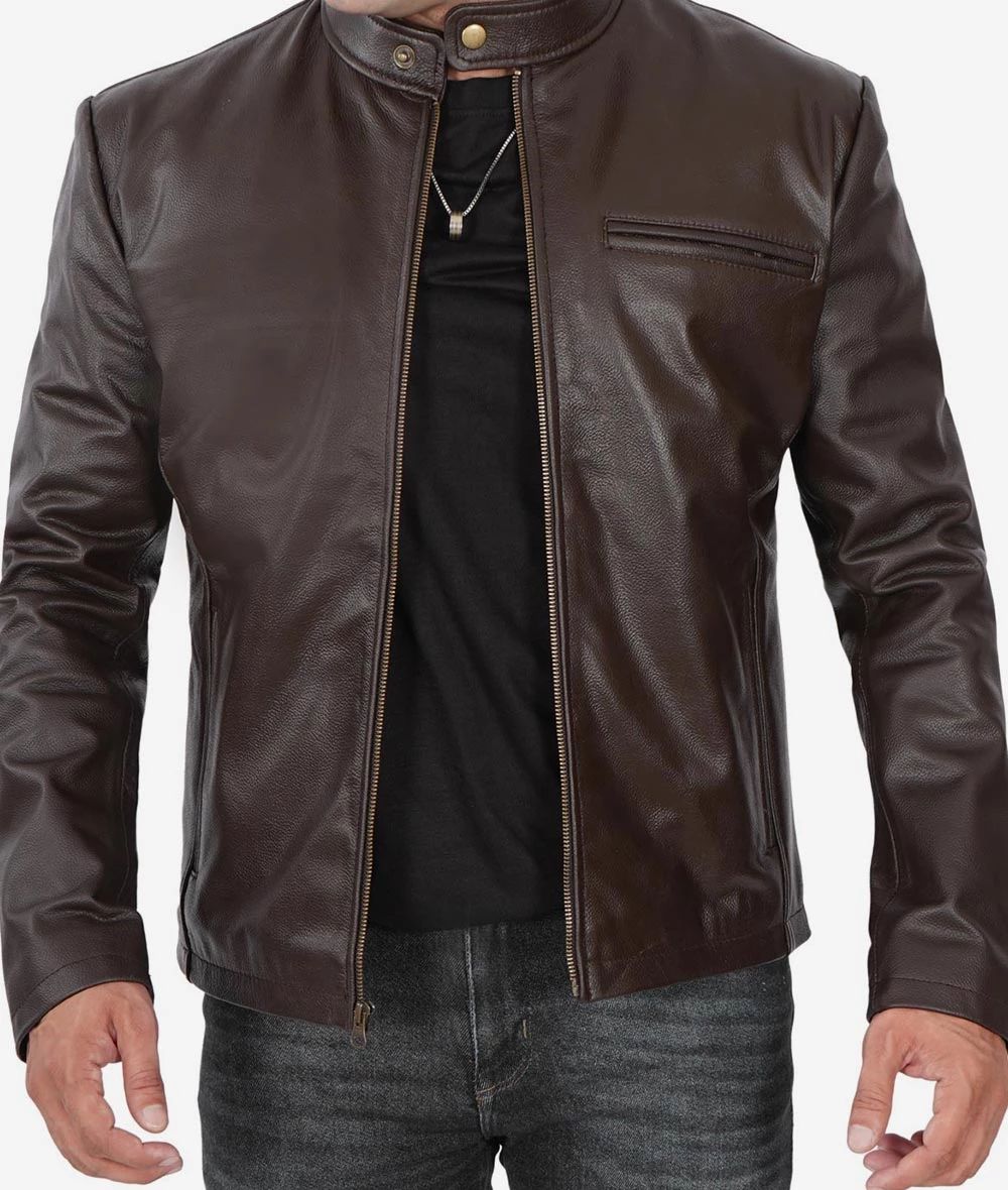 Men's Biker Moto Cafe Racer Real Cowhide Dark Brown Leather Jacket