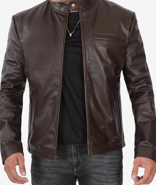Men's Biker Moto Cafe Racer Real Cowhide Dark Brown Leather Jacket