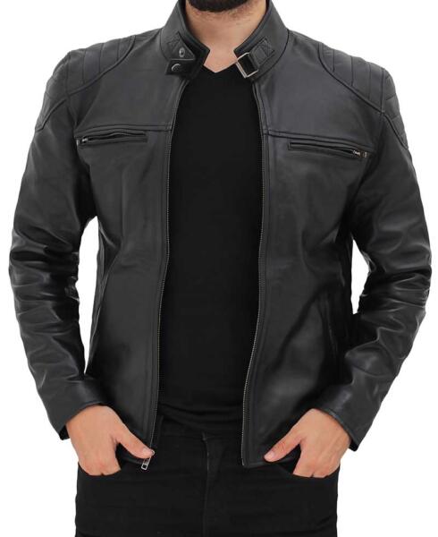 Men's Black Leather Café Racer Jacket with Snap Button Collar