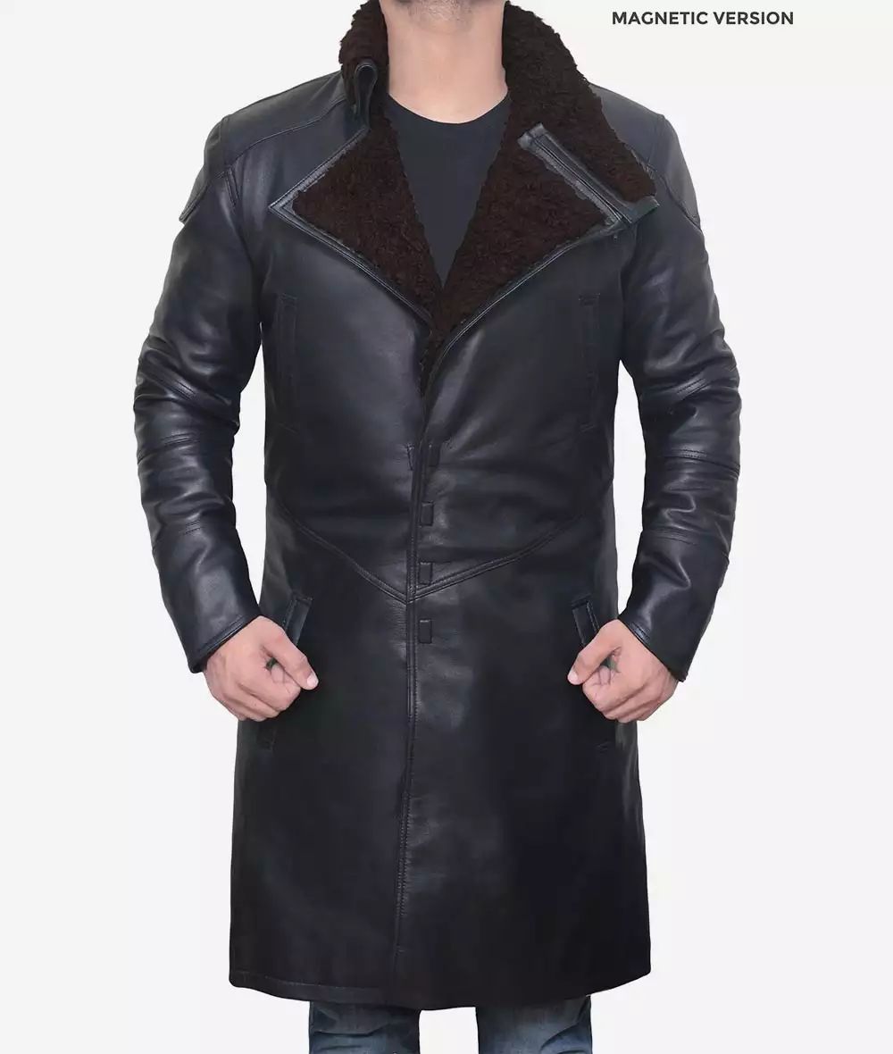 Men's Premium Black Lambskin Leather Sherpa Winter Runner Over Coat