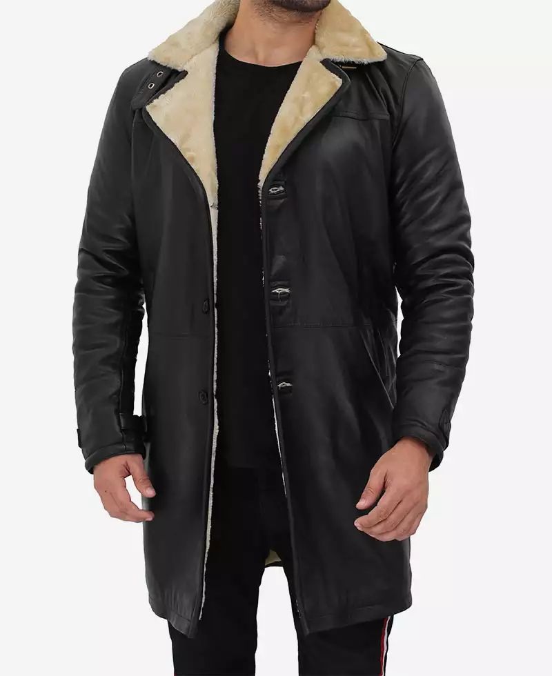 Men's Stylish Black Leather 3/4 Length Shearling Coat