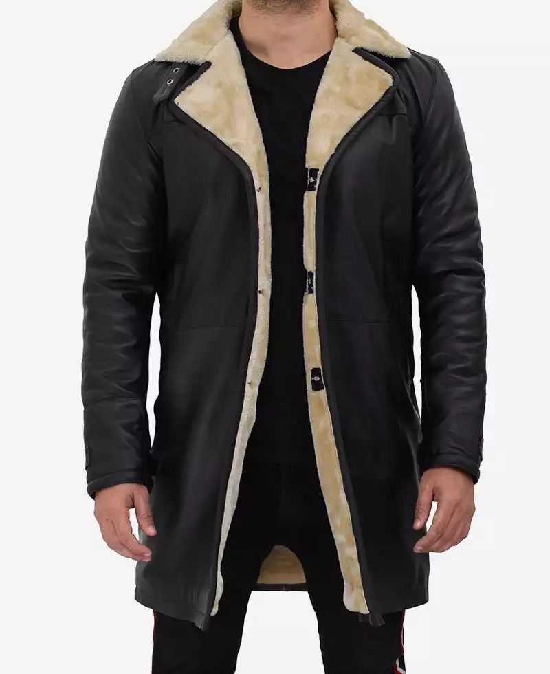 Men's Stylish Black Leather 3/4 Length Shearling Coat