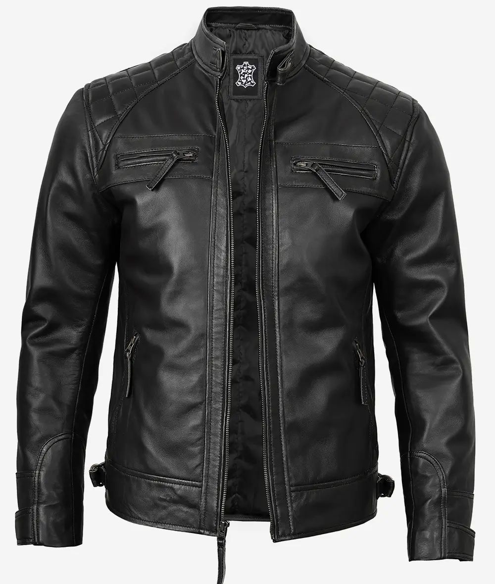 Men's Stylish Moto Biker Cafe Racer Real Lambskin Black Leather Jacket