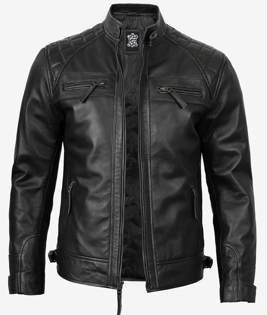 Men's Stylish Moto Biker Cafe Racer Real Lambskin Black Leather Jacket