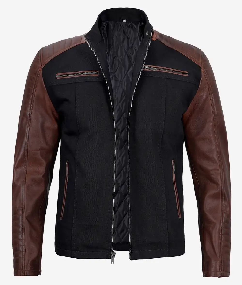 Men's Stylish Outwear Cafe Racer Black Cotton & Brown Leather Jacket