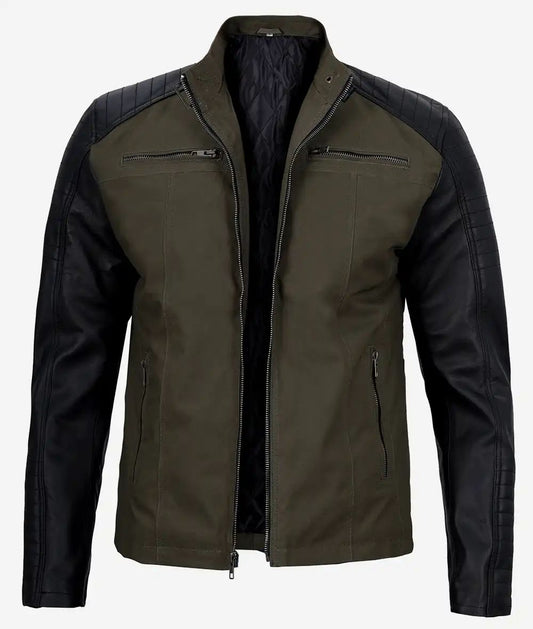 Men's Stylish Outwear Cafe Racer Green Cotton and Black Leather Jacket