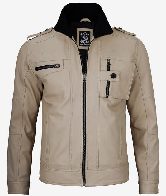 Mens Biker Real Lambskin Beige Trucker Leather Jacket