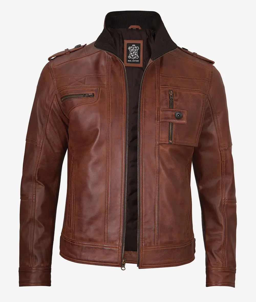 Mens Biker Real Lambskin Rub Trucker Leather Jacket