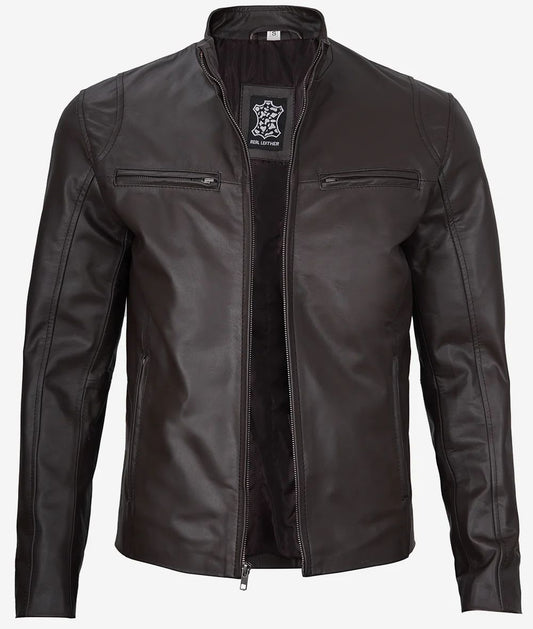 Mens Biker Real Lambskin Cafe Racer Leather Jacket
