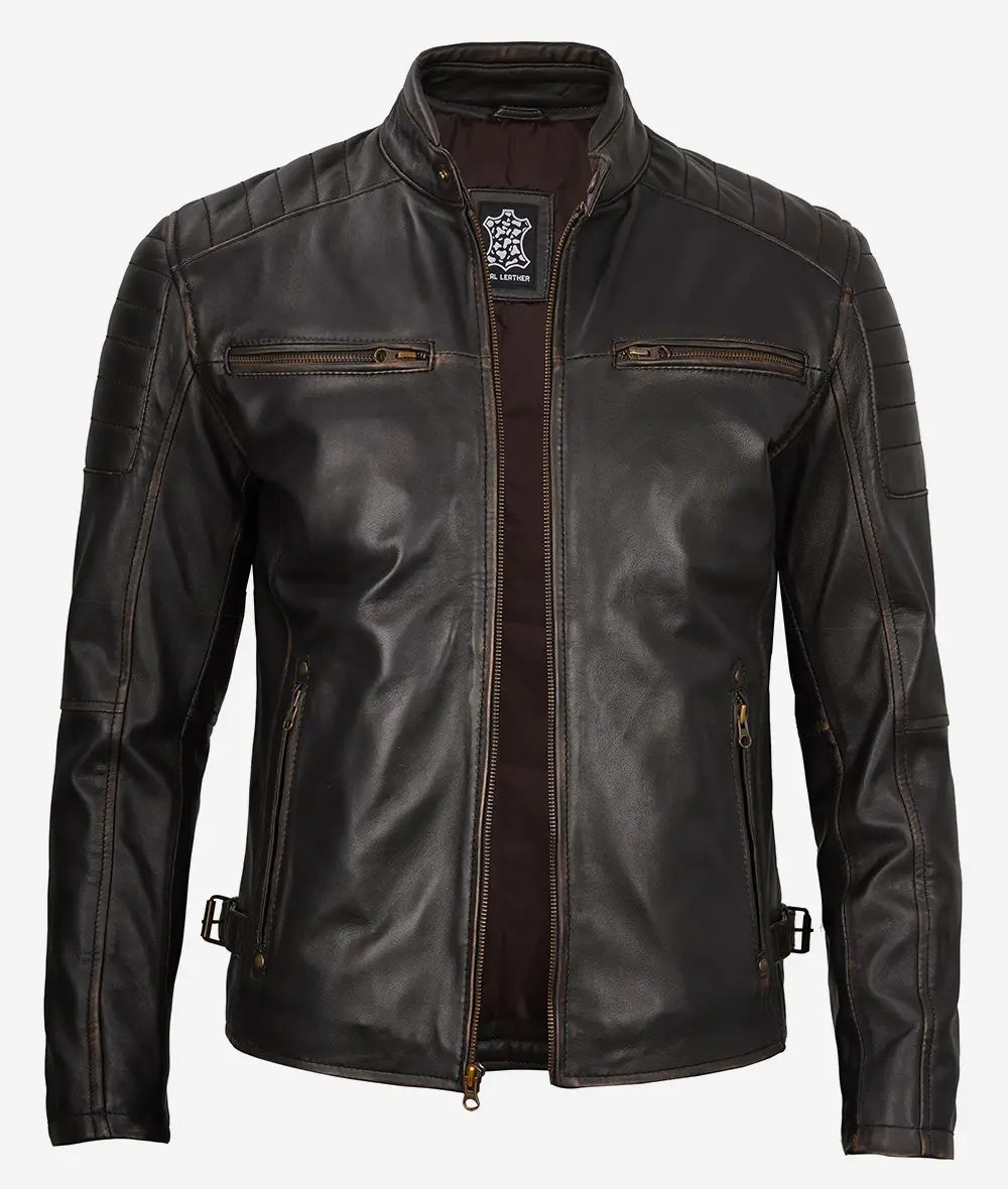 Mens Biker Real Lambskin Cafe Racer Leather Jacket