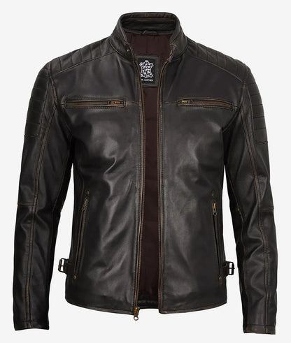 Mens Biker Real Lambskin Cafe Racer Leather Jacket