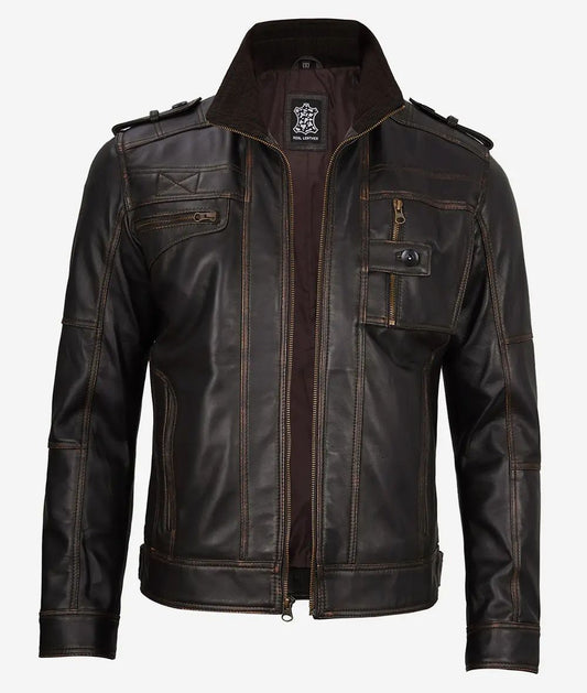 Mens Biker Real Lambskin Rub Trucker Leather Jacket