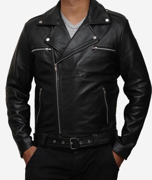 Negan Black Asymmetrical Belted Moto Leather Jacket For Men