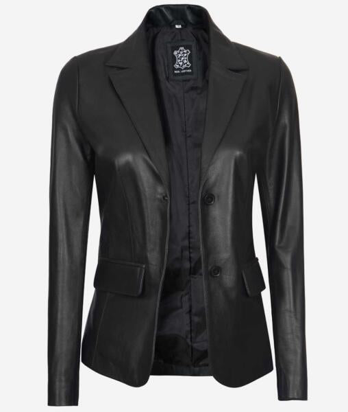 Shannon Women's Two Button Black Leather Blazer