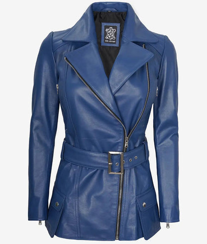 Stylish Slim Fit Asymmetrical Biker Belted Leather Jacket For Women
