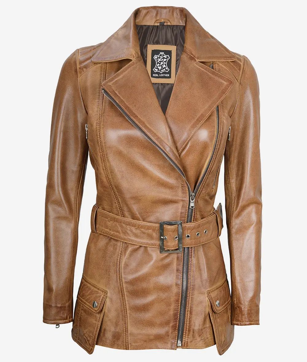 Stylish Slim Fit Asymmetrical Biker Belted Leather Jacket For Women