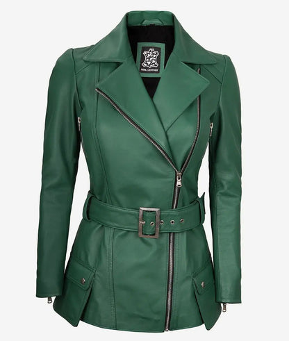 Stylish Slim Fit Asymmetrical Biker Belted Leather Jacket For Women