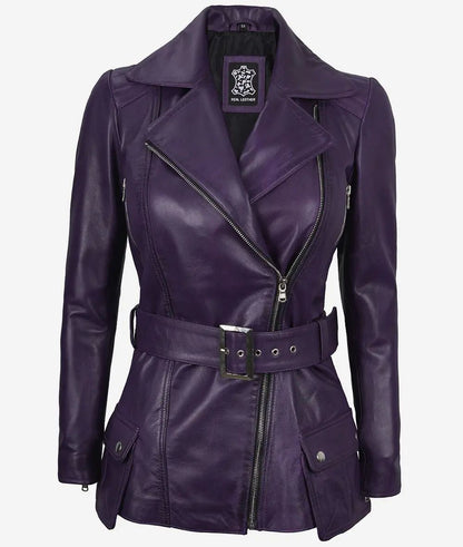 Stylish Slim Fit Asymmetrical Biker Belted Leather Jacket For Women