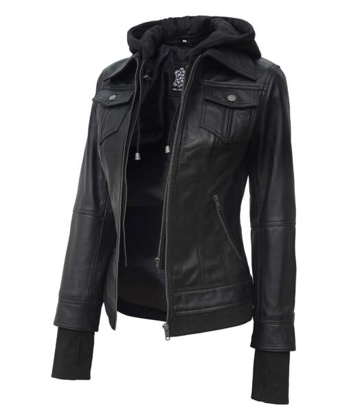 The Céleste: Black Bomber Jacket With Removable Hood