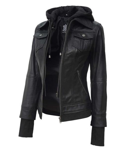 The Céleste: Black Bomber Jacket With Removable Hood