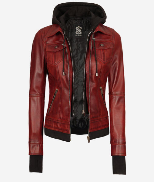 The Céleste Womens Maroon Bomber Jacket With Removable Hood