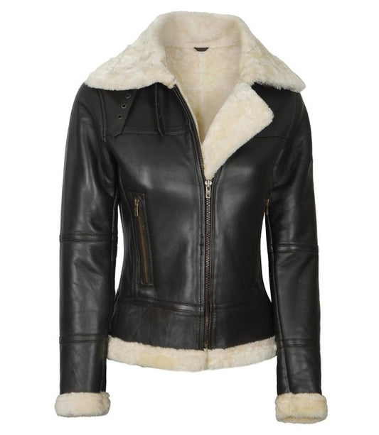 Women's Brown Shearling High Quality Leather Bomber Jacket
