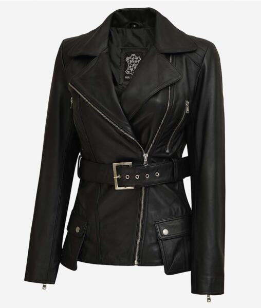 Womens Asymmetrical Belted Moto Biker Real Lambskin Black Leather Jacket