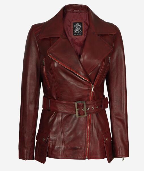 Womens Asymmetrical Belted Moto Biker Real Lambskin Maroon Leather Jacket