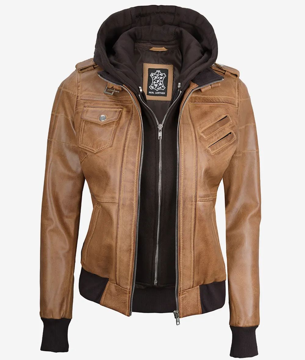 Womens Biker Off White Bomber Hooded Real Labskin Leather Jacket