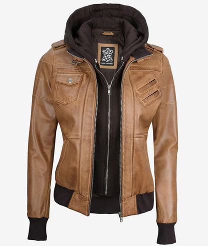 Womens Biker Off White Bomber Hooded Real Labskin Leather Jacket