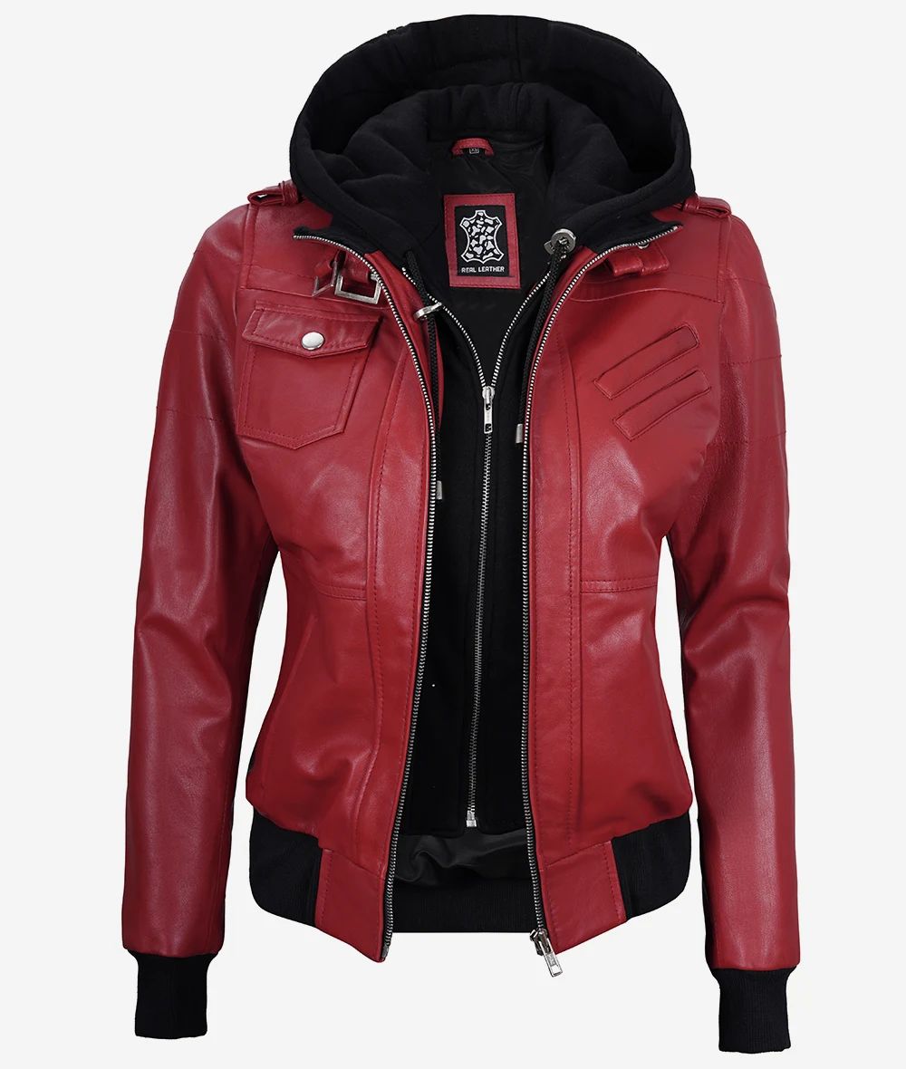 Womens Biker Off White Bomber Hooded Real Labskin Leather Jacket