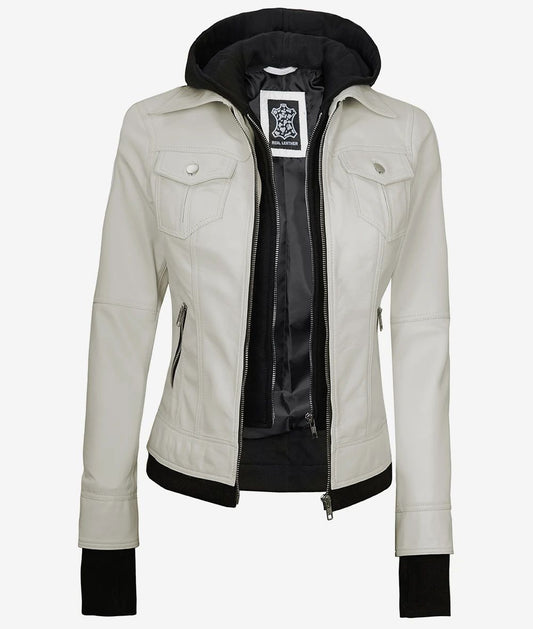 Womens Biker Off White Bomber Hooded Real Labskin Leather Jacket