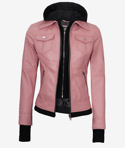 Womens Biker Off White Bomber Hooded Real Labskin Leather Jacket