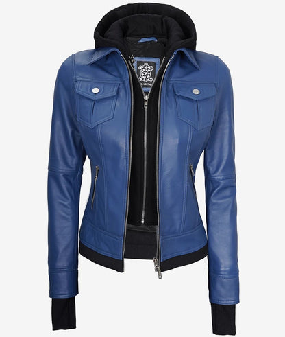 Womens Biker Off White Bomber Hooded Real Labskin Leather Jacket
