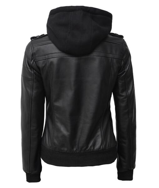 Womens Black Leather Bomber Jacket With Removable Hooded