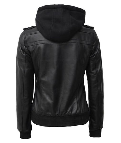 Womens Black Leather Bomber Jacket With Removable Hooded