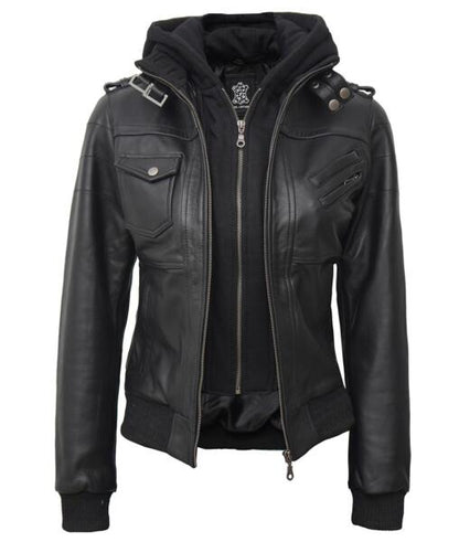 Womens Black Leather Bomber Jacket With Removable Hooded