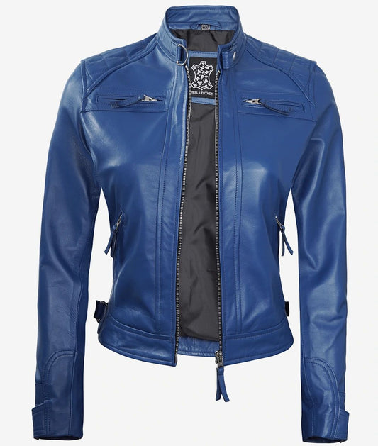 Womens Real Lambskin Blue Leather Quilted Biker Jacket