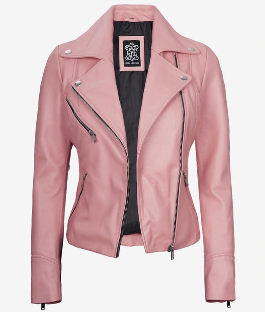 Womens Real Pink Lambskin Leather Biker Jacket