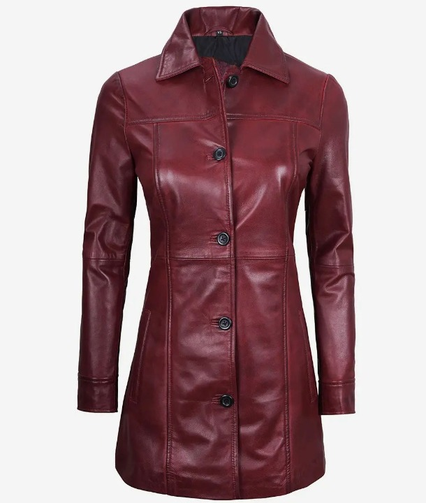 Womens Shirt Collar Real Lambskin Maroon Leather Winter Car Trench Long Coat