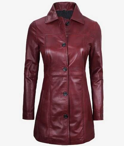 Womens Shirt Collar Real Lambskin Maroon Leather Winter Car Trench Long Coat