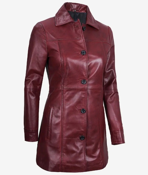 Womens Shirt Collar Real Lambskin Maroon Leather Winter Car Trench Long Coat