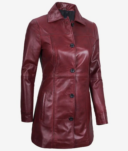 Womens Shirt Collar Real Lambskin Maroon Leather Winter Car Trench Long Coat